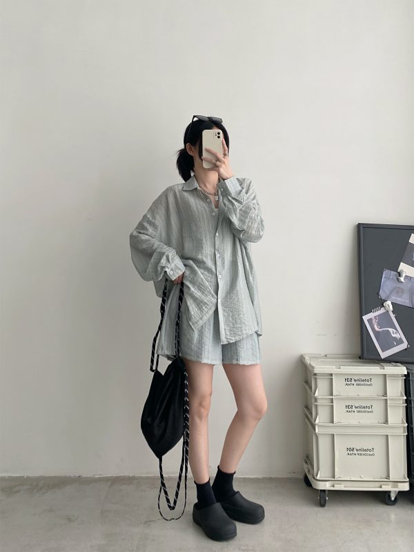 Lightweight Pleated Tencel Cardigan and Shorts Set - Sun Protection Draped Shirt Outfit for Summer Style