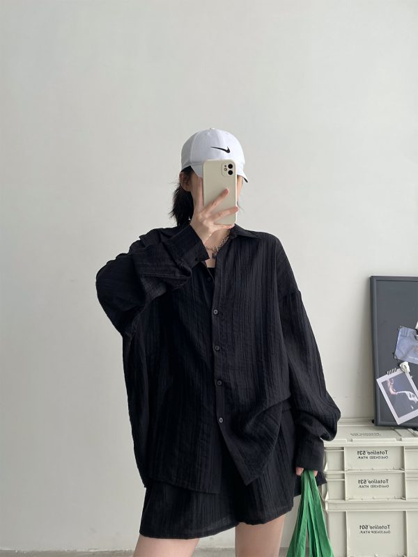 Lightweight Pleated Tencel Cardigan and Shorts Set - Sun Protection Draped Shirt Outfit for Summer Style