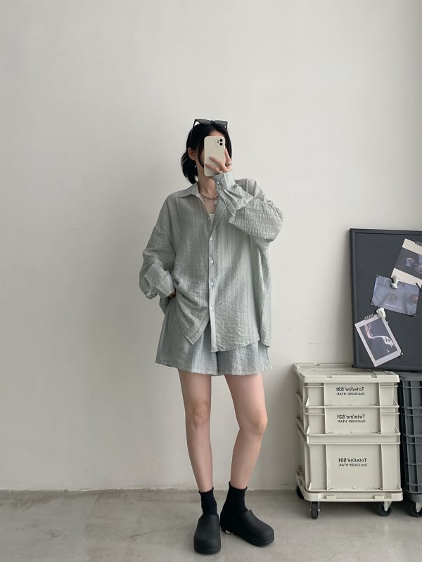 Lightweight Pleated Tencel Cardigan and Shorts Set - Sun Protection Draped Shirt Outfit for Summer Style