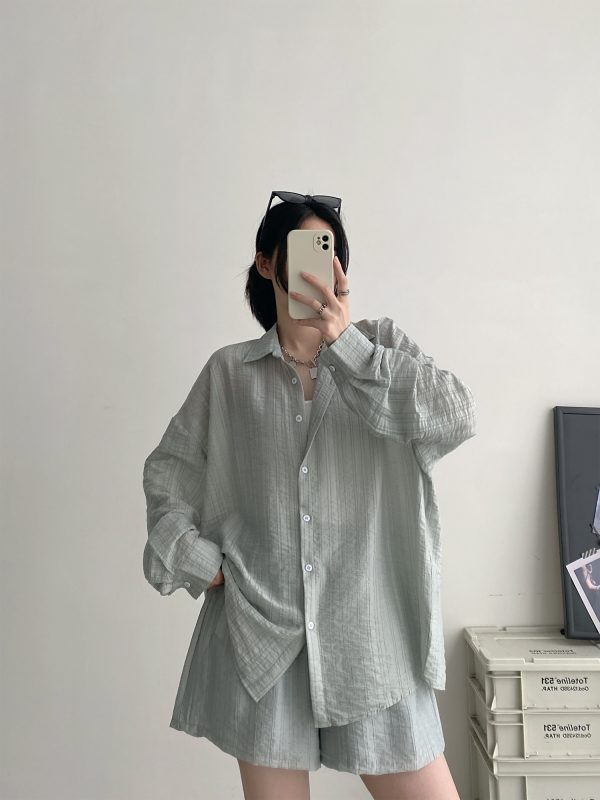 Lightweight Pleated Tencel Cardigan and Shorts Set - Sun Protection Draped Shirt Outfit for Summer Style