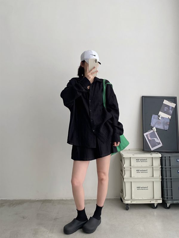 Lightweight Pleated Tencel Cardigan and Shorts Set - Sun Protection Draped Shirt Outfit for Summer Style