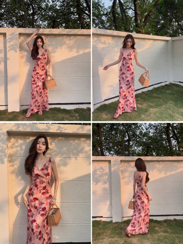 Lightweight Rose Pink Chiffon Dress, Slimming V-Neck High-Waisted Long Dress for Summer Vacation, Elegant Floor-Length Style