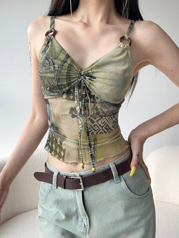 Lightweight Round Neck Mesh Vest for Women with Exotic Pleated Bust Design - Slimming Effect, Jungle Totem Style, Perfect for Summer Fashion