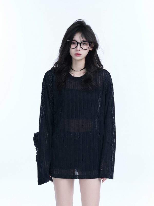 Lightweight Sheer Black Long-Sleeve Cover-Up for Women - American Retro Spring Loose Knit Top