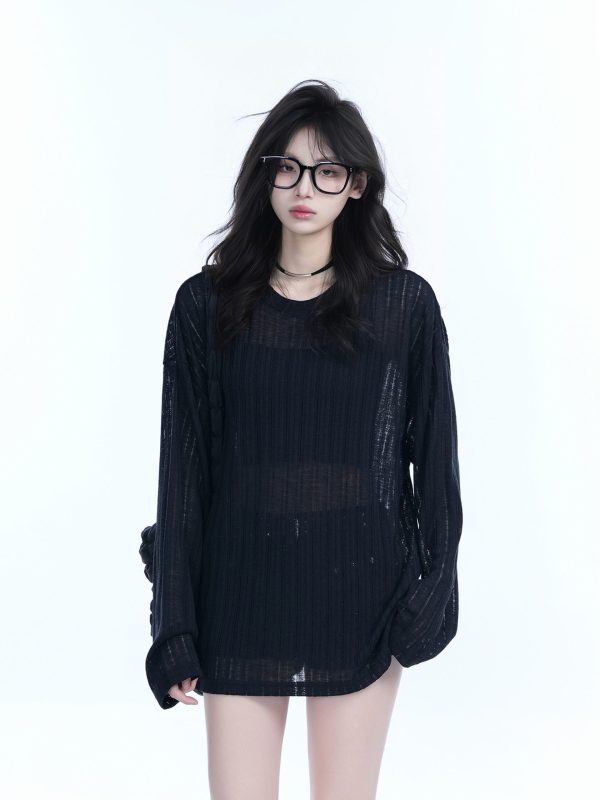 Lightweight Sheer Black Long-Sleeve Cover-Up for Women - American Retro Spring Loose Knit Top