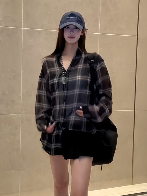 Lightweight Sheer Long Sleeve Plaid Shirt Jacket for Women - American Style Loose Top for Spring and Summer Fashion
