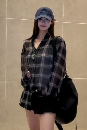 Lightweight Sheer Long Sleeve Plaid Shirt Jacket for Women - American Style Loose Top for Spring and Summer Fashion