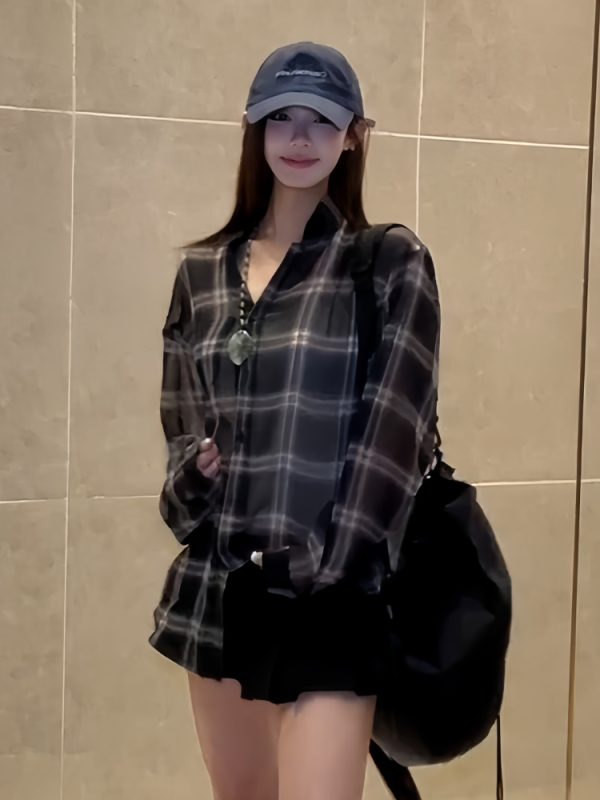 Lightweight Sheer Long Sleeve Plaid Shirt Jacket for Women - American Style Loose Top for Spring and Summer Fashion