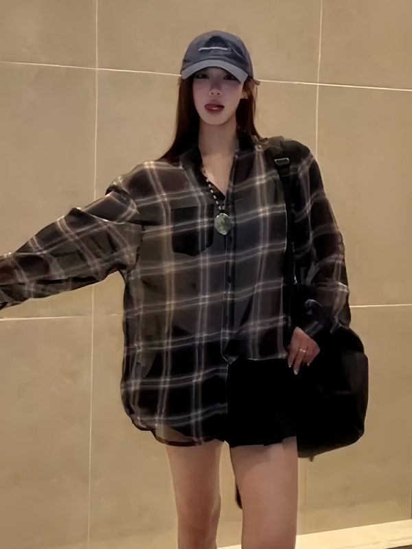 Lightweight Sheer Long Sleeve Plaid Shirt Jacket for Women - American Style Loose Top for Spring and Summer Fashion