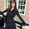 Lightweight Sporty Slim Waist Pleated A-Line Dress for Women, Spring Polo Collar Long Sleeve Style, Casual Chic Look