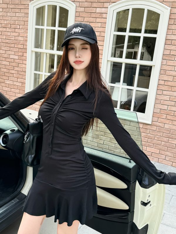 Lightweight Sporty Slim Waist Pleated A-Line Dress for Women, Spring Polo Collar Long Sleeve Style, Casual Chic Look