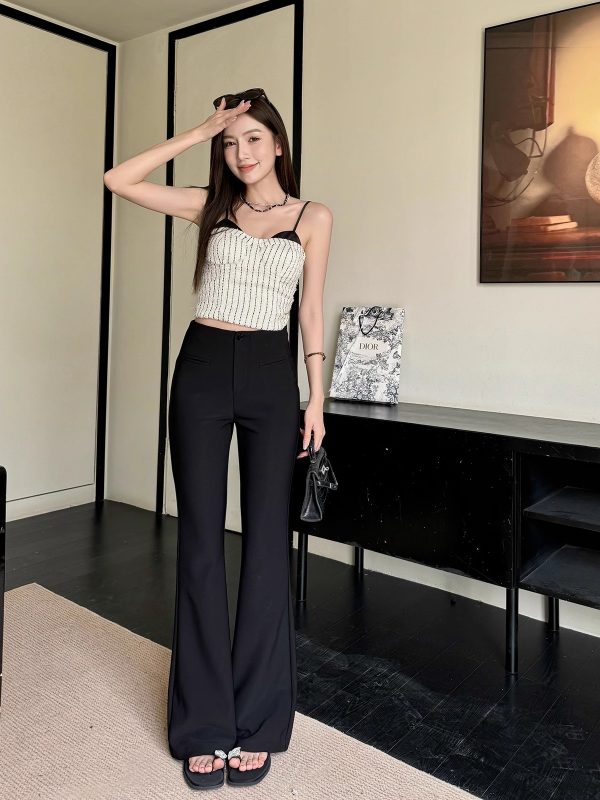 Lightweight Summer High-Waisted One-Button Slim-Fit Stretchy Floor-Length Flared Pants
