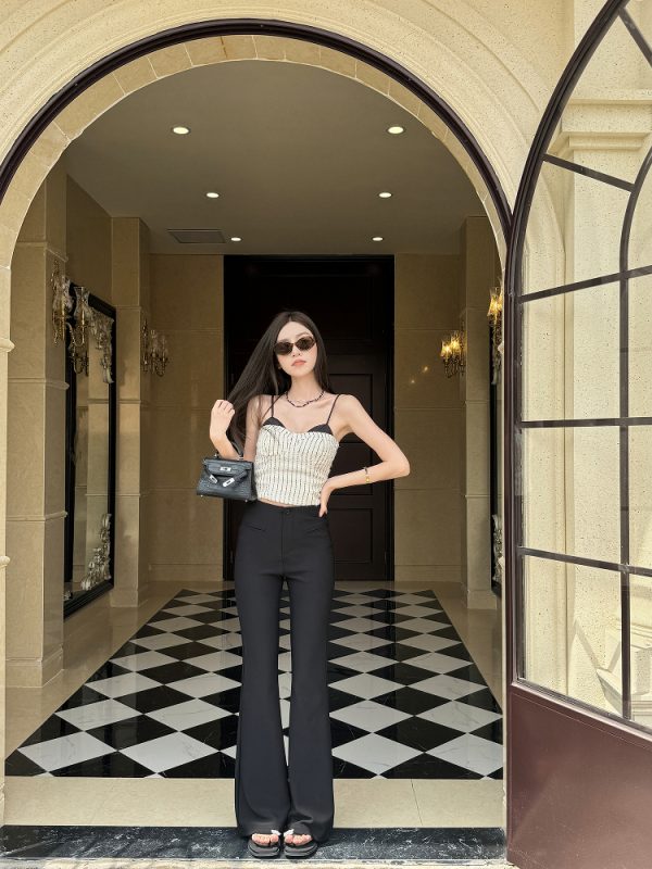 Lightweight Summer High-Waisted One-Button Slim-Fit Stretchy Floor-Length Flared Pants