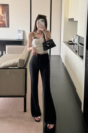 Lightweight Summer High-Waisted One-Button Slim-Fit Stretchy Floor-Length Flared Pants
