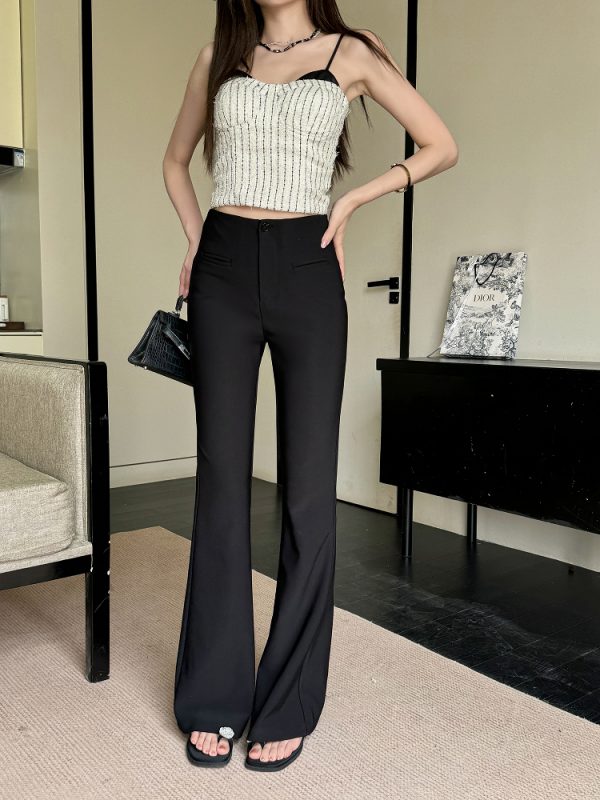 Lightweight Summer High-Waisted One-Button Slim-Fit Stretchy Floor-Length Flared Pants