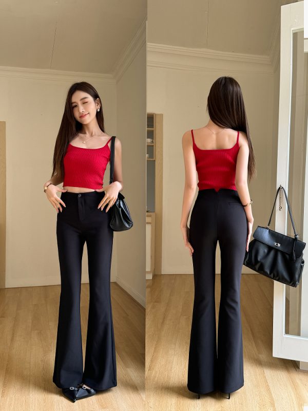 Lightweight Summer High-Waisted One-Button Slim-Fit Stretchy Floor-Length Flared Pants