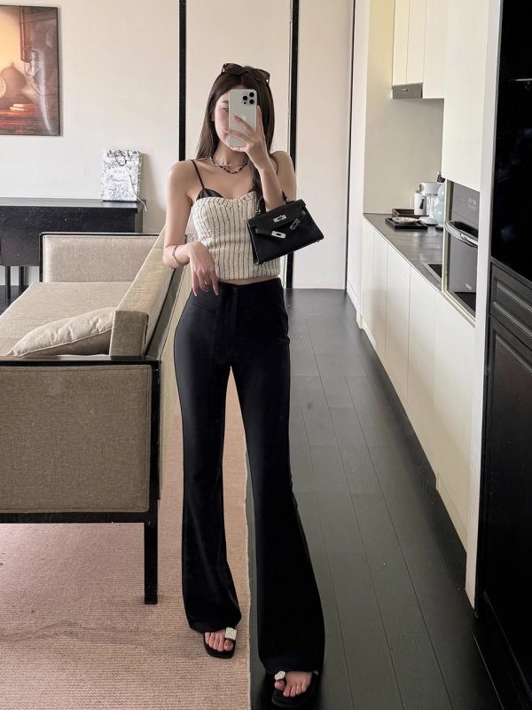 Lightweight Summer High-Waisted One-Button Slim-Fit Stretchy Floor-Length Flared Pants