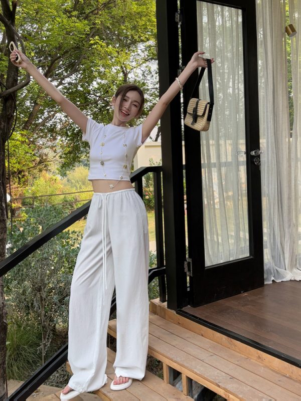 Lightweight Tencel Cotton Linen Wide-Leg Pants for Women - Breathable Mid-Waist Loose Fit Casual Trousers for Spring Summer