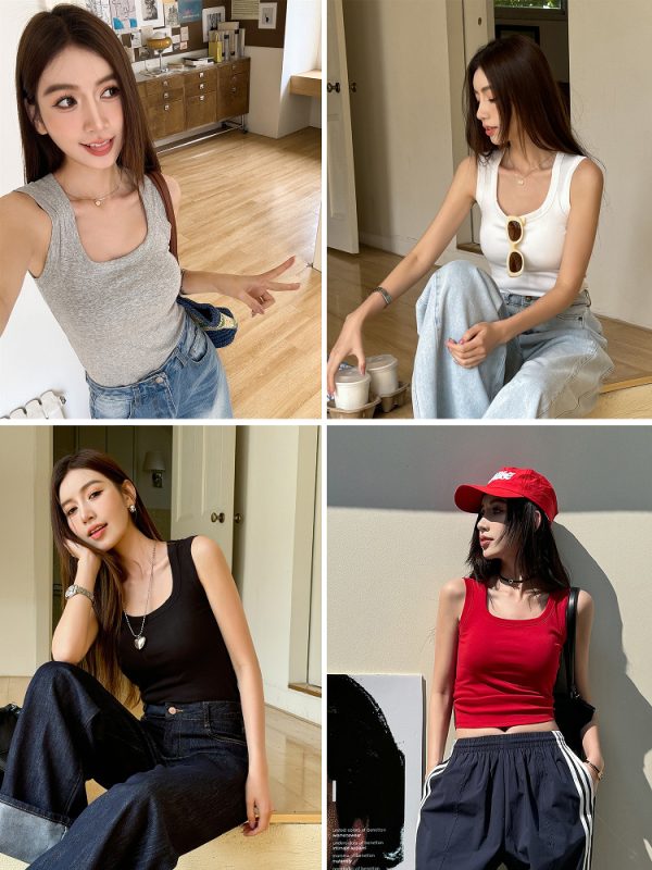 Lightweight U-Shaped Wide Shoulder Strap Vest with Chest Pads - Versatile Casual Women's Fashion for Spring and Summer