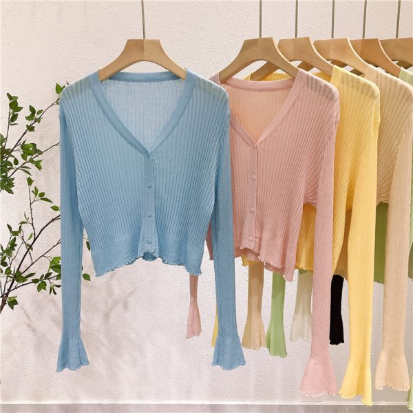 Lightweight V-Neck Knit Cardigan, Ribbed Ice Silk Short Outerwear, Sun Protection Cover-Up Top for Spring and Summer Fashion