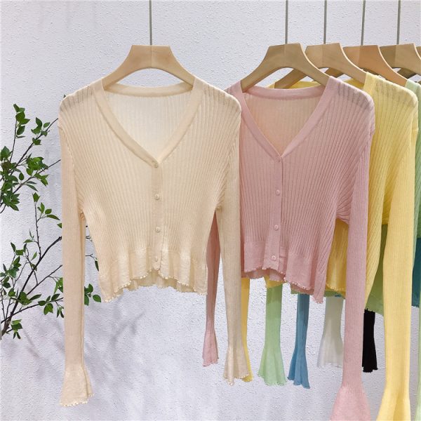 Lightweight V-Neck Knit Cardigan, Ribbed Ice Silk Short Outerwear, Sun Protection Cover-Up Top for Spring and Summer Fashion