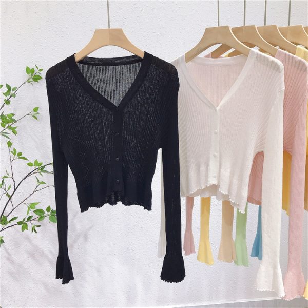 Lightweight V-Neck Knit Cardigan, Ribbed Ice Silk Short Outerwear, Sun Protection Cover-Up Top for Spring and Summer Fashion