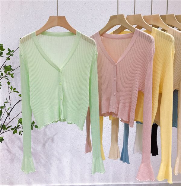 Lightweight V-Neck Knit Cardigan, Ribbed Ice Silk Short Outerwear, Sun Protection Cover-Up Top for Spring and Summer Fashion