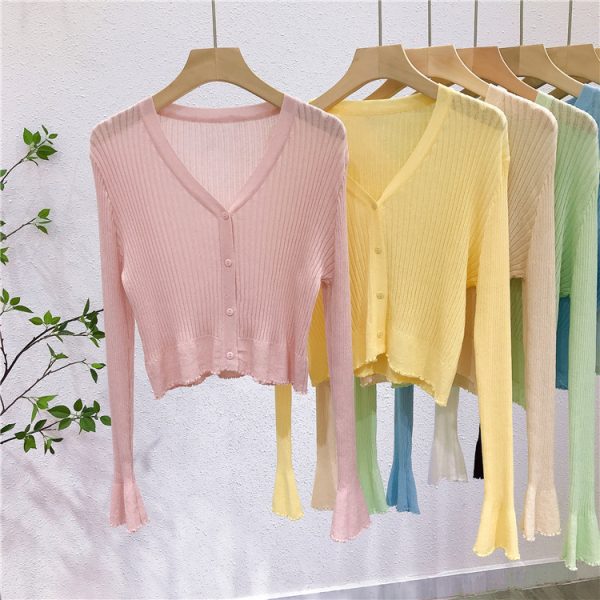 Lightweight V-Neck Knit Cardigan, Ribbed Ice Silk Short Outerwear, Sun Protection Cover-Up Top for Spring and Summer Fashion