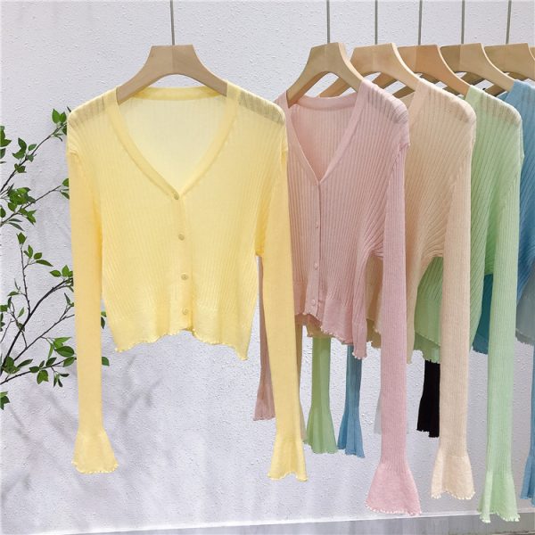 Lightweight V-Neck Knit Cardigan, Ribbed Ice Silk Short Outerwear, Sun Protection Cover-Up Top for Spring and Summer Fashion