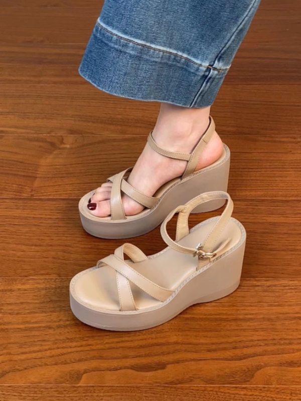 Lightweight Wedge Open-Toe Sandals for Women - Summer Waterproof Platform High Heels in First-Layer Cowhide