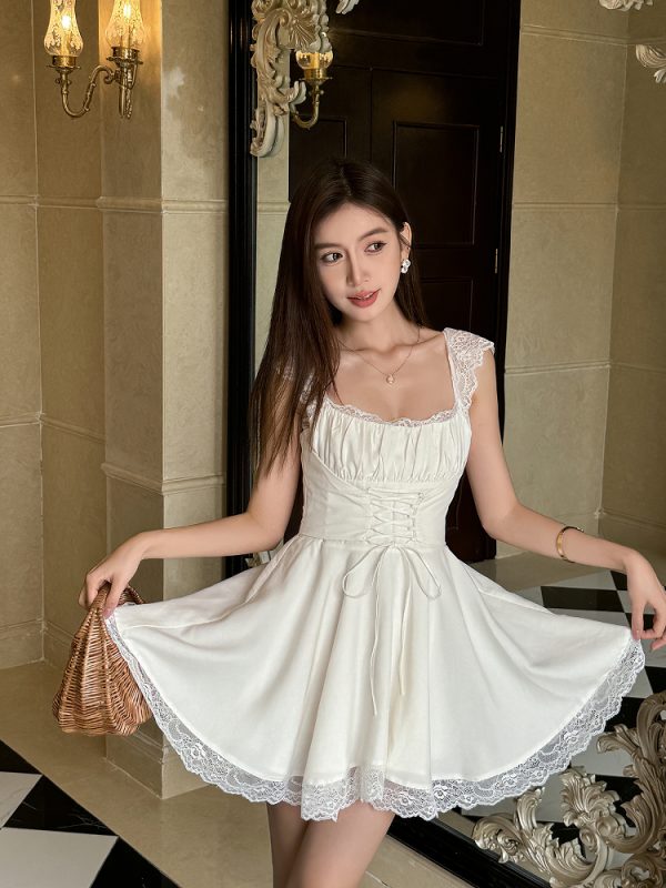 Lightweight White Lace Spaghetti Strap Dress for Women - Summer French Style with Waist-Cinching Design and Flared Short Skirt