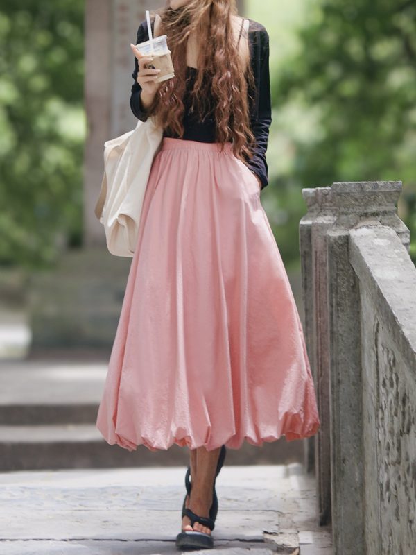 Long Slim Fit Pumpkin Skirt with Flower Buds - Sweet Jellyfish Design, Spring 2025 Women's Wrinkle-Resistant Half Skirt