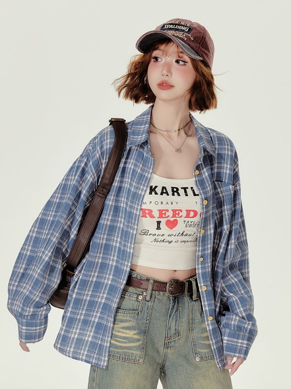Loose Blue Plaid Shirt Jacket for Women - American College Style, Autumn Collection, Age-Reducing Casual Top