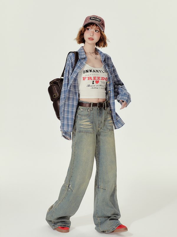 Loose Blue Plaid Shirt Jacket for Women - American College Style, Autumn Collection, Age-Reducing Casual Top