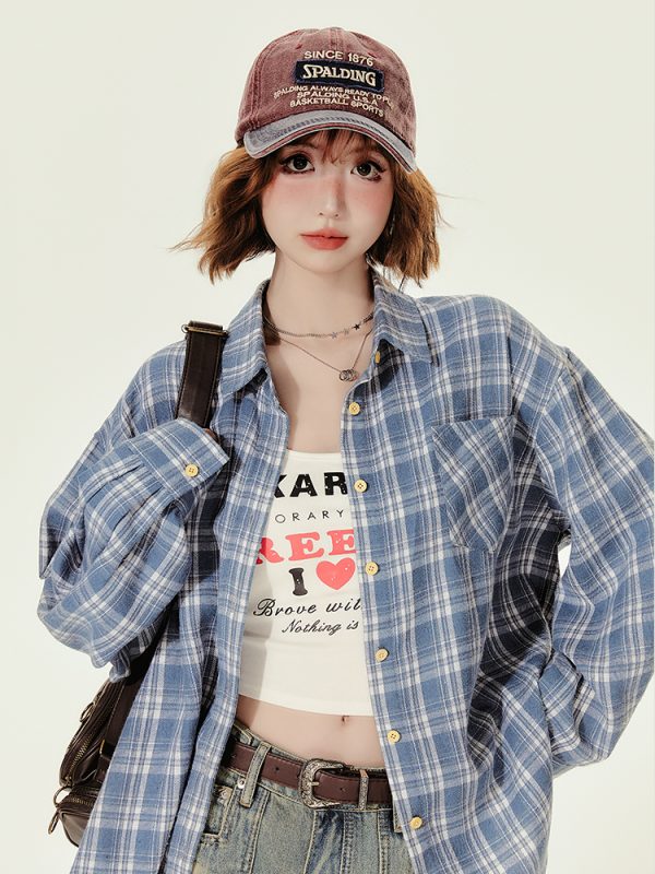 Loose Blue Plaid Shirt Jacket for Women - American College Style, Autumn Collection, Age-Reducing Casual Top