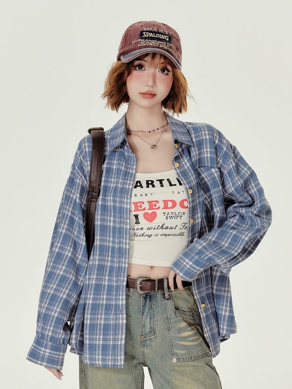 Loose Blue Plaid Shirt Jacket for Women - American College Style, Autumn Collection, Age-Reducing Casual Top