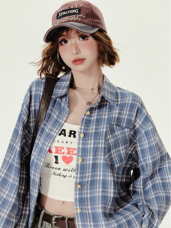 Loose Blue Plaid Shirt Jacket for Women - American College Style, Autumn Collection, Age-Reducing Casual Top