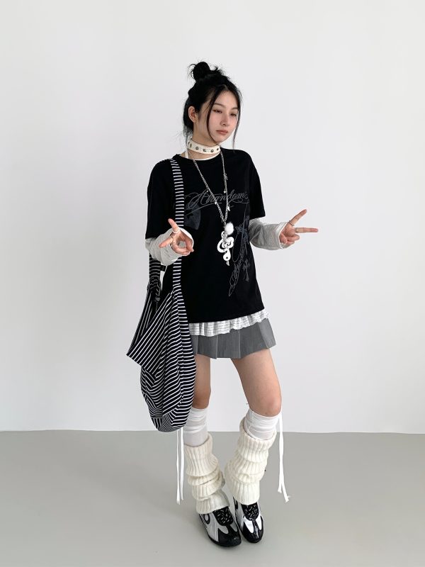 Loose Casual Black and White Short Sleeve T-Shirt with Text Print - Round Neck, Trendy Street Style, Everyday Essential