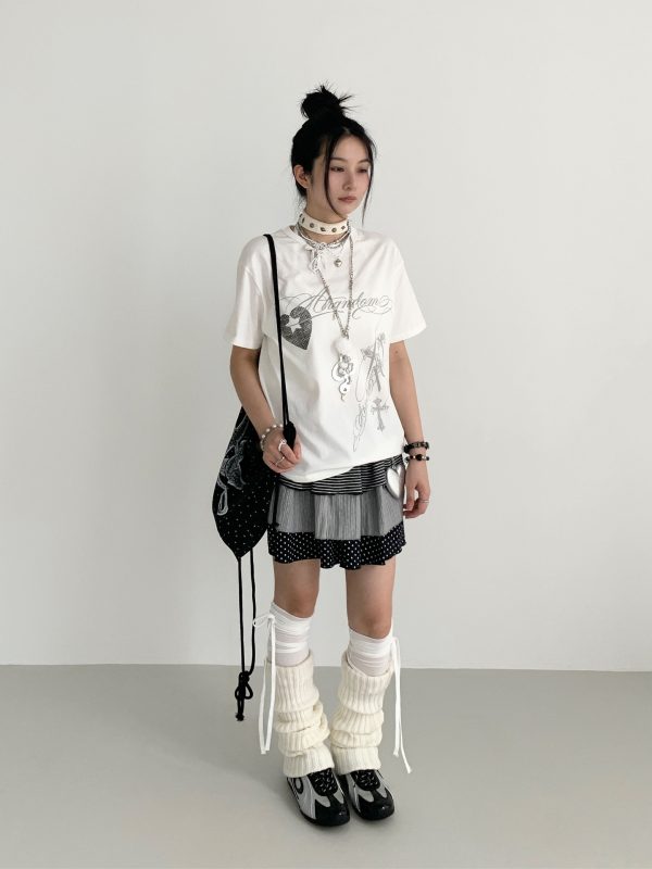 Loose Casual Black and White Short Sleeve T-Shirt with Text Print - Round Neck, Trendy Street Style, Everyday Essential