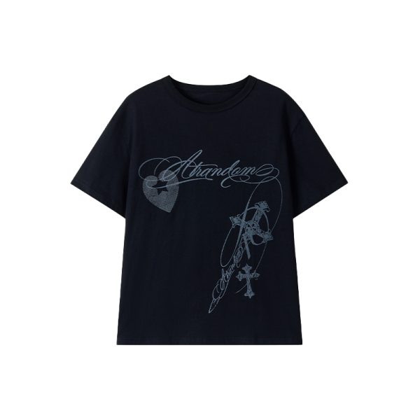 Loose Casual Black and White Short Sleeve T-Shirt with Text Print - Round Neck, Trendy Street Style, Everyday Essential
