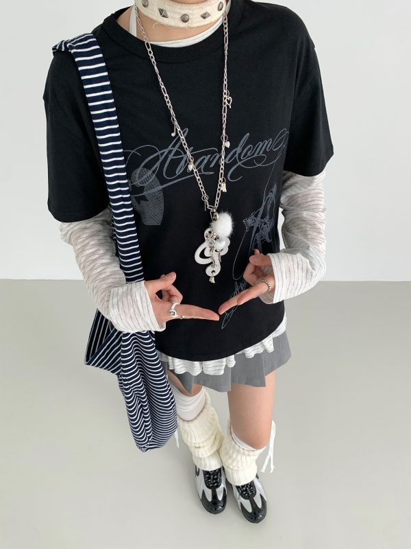 Loose Casual Black and White Short Sleeve T-Shirt with Text Print - Round Neck, Trendy Street Style, Everyday Essential
