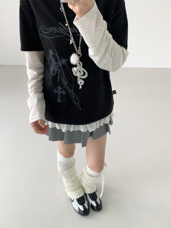 Loose Casual Black and White Short Sleeve T-Shirt with Text Print - Round Neck, Trendy Street Style, Everyday Essential