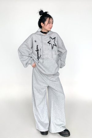 Loose Casual Wide-Leg Terry Sweatpants with Drawstring Elastic Waist â€“ Solid Color Autumn Winter Fashion Pants
