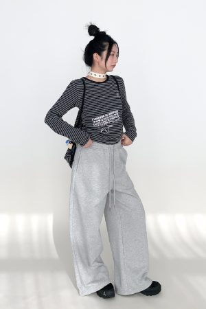 Loose Casual Wide-Leg Terry Sweatpants with Drawstring Elastic Waist â€“ Solid Color Autumn Winter Fashion Pants