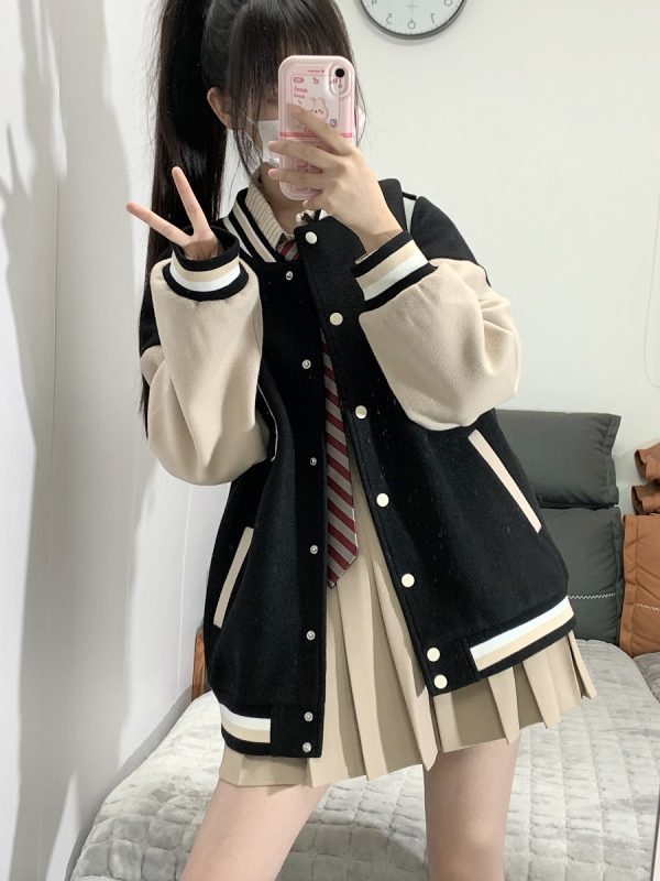 Loose College Style Women's Baseball Jacket - 2023 Spring Autumn American Cotton-Padded Top for Students, Casual Fashion Outerwear