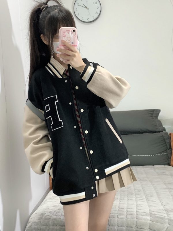 Loose College Style Women's Baseball Jacket - 2023 Spring Autumn American Cotton-Padded Top for Students, Casual Fashion Outerwear