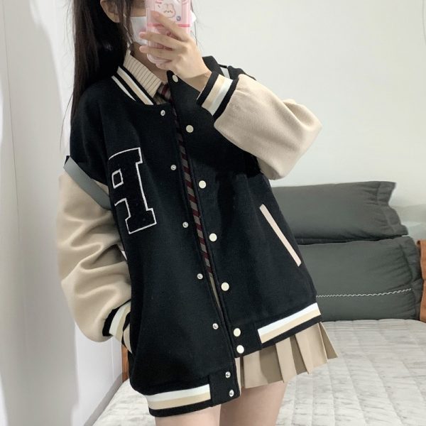 Loose College Style Women's Baseball Jacket - 2023 Spring Autumn American Cotton-Padded Top for Students, Casual Fashion Outerwear