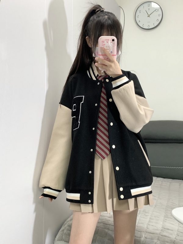 Loose College Style Women's Baseball Jacket - 2023 Spring Autumn American Cotton-Padded Top for Students, Casual Fashion Outerwear
