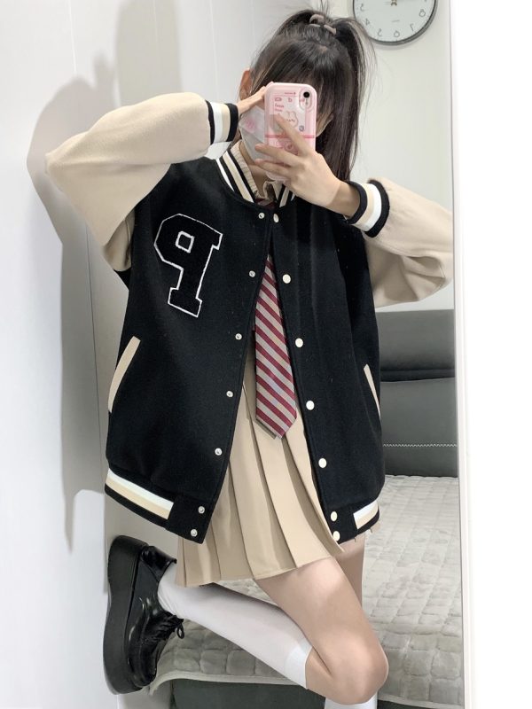 Loose College Style Women's Baseball Jacket - 2023 Spring Autumn American Cotton-Padded Top for Students, Casual Fashion Outerwear