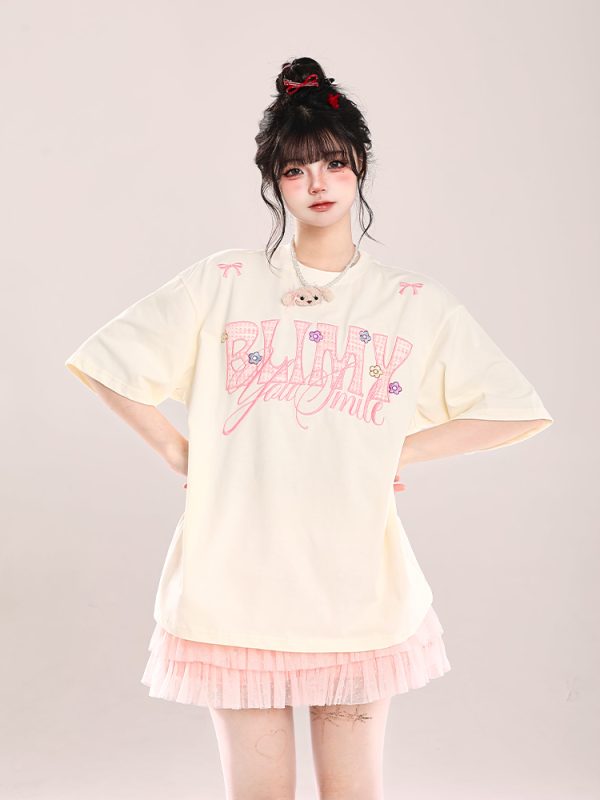 Loose Fit American-Style Letter Embroidery Short Sleeve T-Shirt for Women - Summer 2025 Korean Style, Slimming and Chic